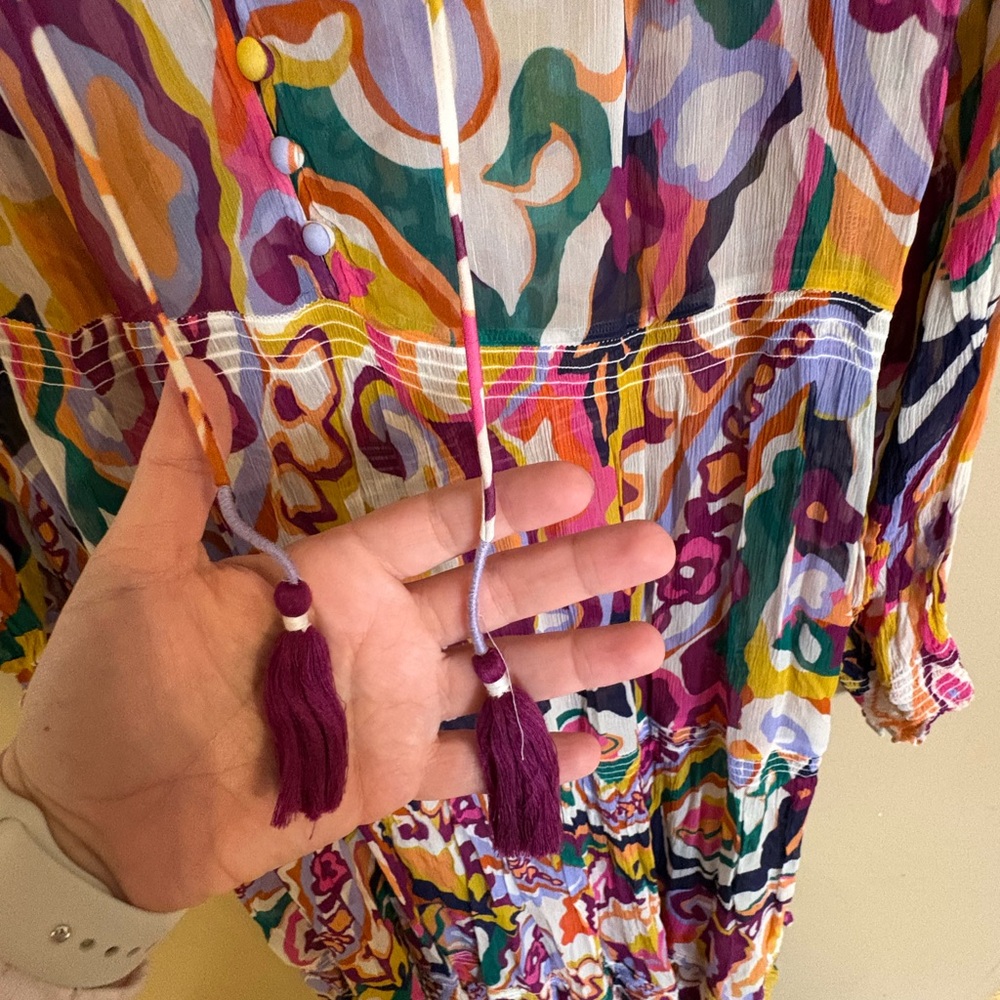Anthropologie Abstract Print Midi Dress Smocked Waist Ruffle Neck Tassel Tie - Picture 3 of 8